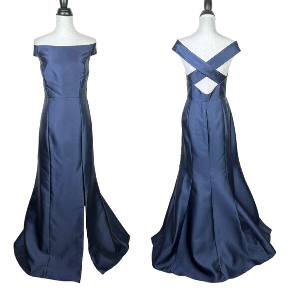 ALFRED SUNG D751 Midnight Navy NWT Off the Shoulder Criss Cross Back Satin Dress - Picture 2 of 15